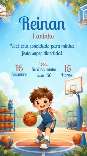Convite de Aniversário Basquete Infantil Modelo Editável