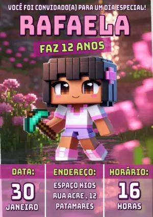 Convite de Aniversário Menina Minecraft para Editar