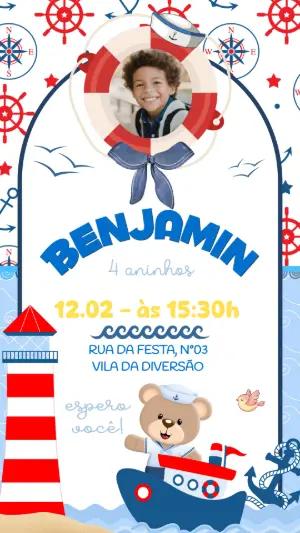 Convite Digital Ursinho Marinheiro para Aniversário Editável