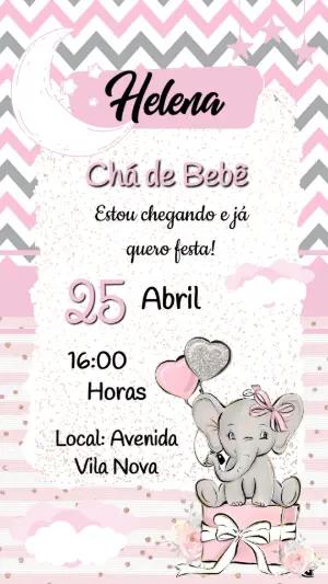 Convite Chá de Bebê Elefantinha Rosa e Cinza para Editar
