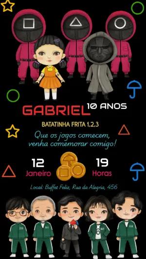 Convite Aniversário Round 6 com Personagens para Editar Online