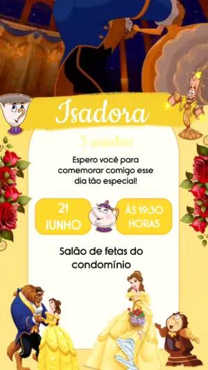 Convite Animado Aniversário A Bela e a Fera para Editar