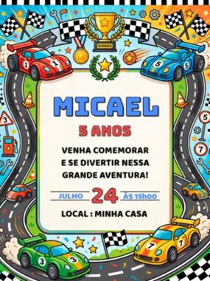 Convite de Aniversário Corrida de Carros Colorido para Editar