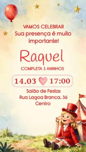 Convite de Aniversário Circo Menina Aquarela Editável
