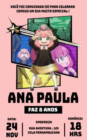 Convite Aniversário Spy x Family com Anya para Editar Online