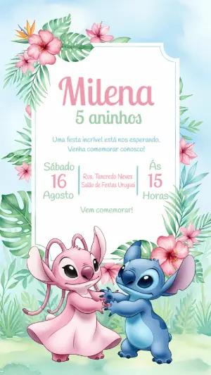 Convite Aniversário Stitch e Angel Tropical para Editar Online