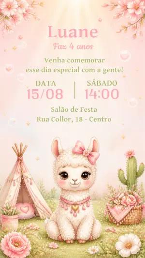 Convite de Aniversário Lhama Fofa em Aquarela Editável