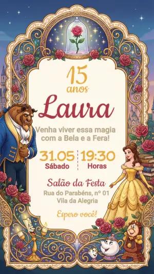 Convite Digital 15 Anos A Bela e a Fera Mágico para Editar