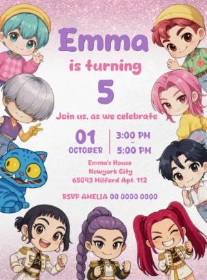 Demon Hunter K-Pop Chibi Birthday Invitation Editable Digital Template