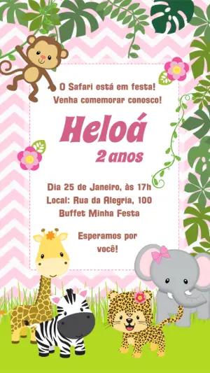 Convite Aniversário Safari Rosa com Animais para Editar Online