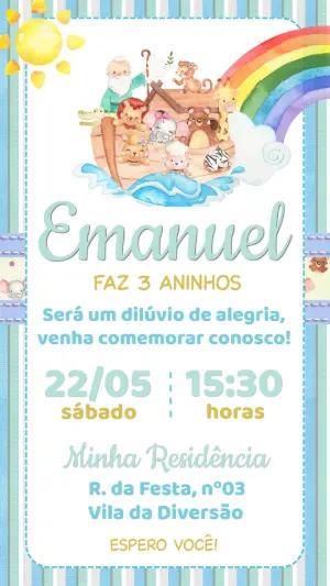Convite de Aniversário Arca de Noé Menino Editável em Aquarela
