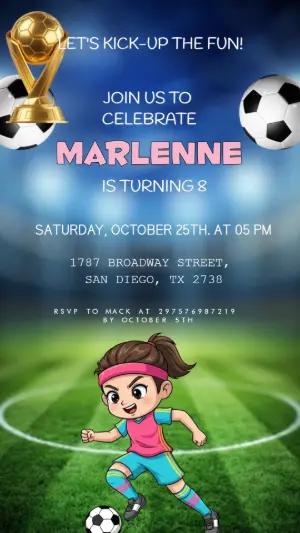 Animated Girl's Soccer Birthday Video Invitation Template