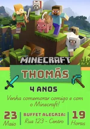 Convite de Aniversário Minecraft Pixelado para Editar