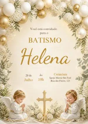 Convite de Batismo Anjinhos Branco e Dourado para Editar Online