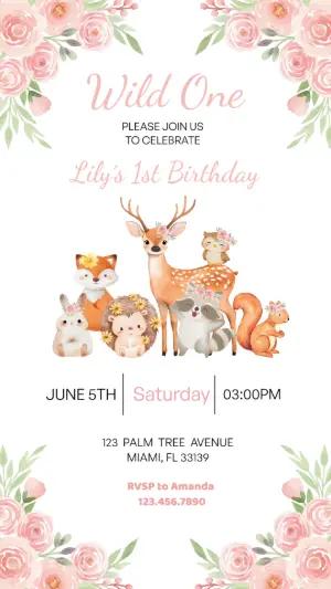 Wild One Woodland Animals 1st Birthday Invitation Editable Template