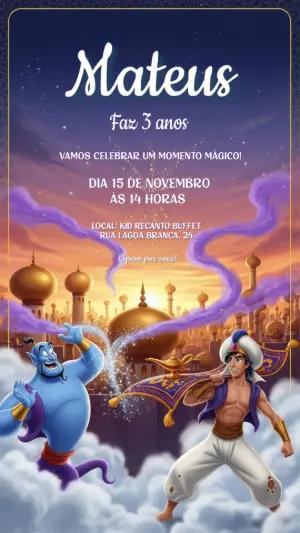 Convite de Aniversário Aladdin e Gênio para Editar Online