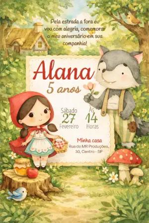 Convite de Aniversário Chapeuzinho Vermelho Aquarela Editável