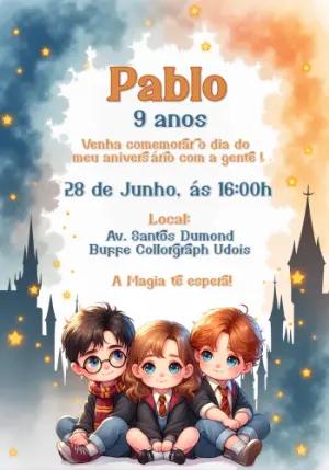 Convite de Aniversário Harry Potter com Personagens para Editar