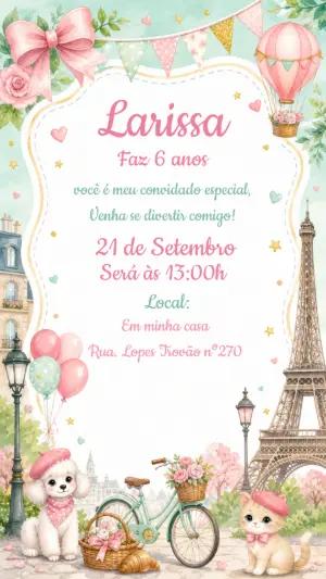 Convite de Aniversário Tema Paris Editável para Menina