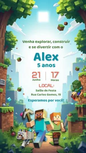 Convite de Aniversário Minecraft com Personagens para Editar