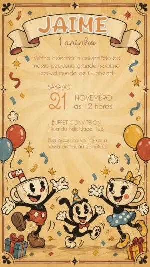 Convite de Aniversário Cuphead Vintage Editável
