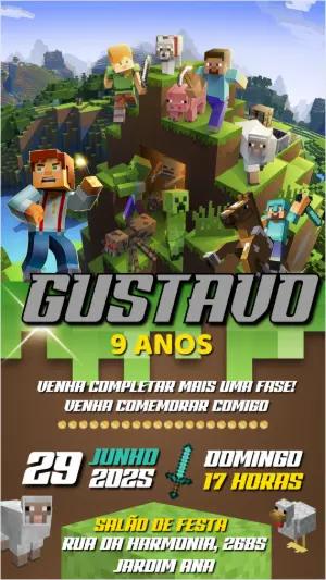 Convite de Aniversário Minecraft com Personagens para Editar