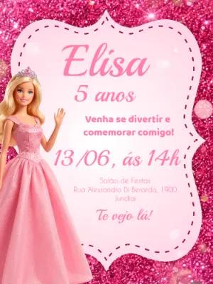 Convite Digital Barbie Rosa com Glitter Editável