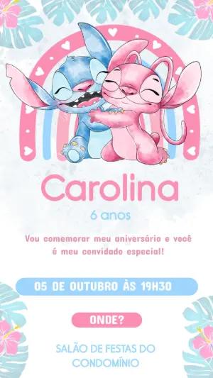 Convite de Aniversário Stitch e Angel Aquarela para Editar