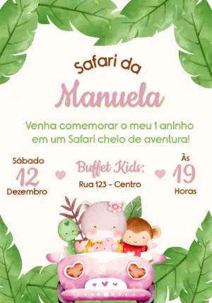 Convite Aniversário Safari Menina Rosa Aquarela para Editar