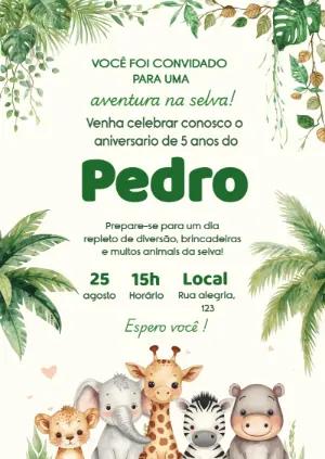 Convite de Aniversário Safari com Animais Fofos Editável
