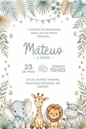Convite de Aniversário Safari Baby Aquarela Editável