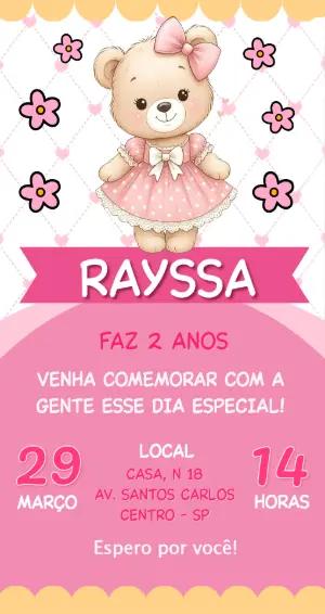 Convite de Aniversário Ursinha Rosa Delicada para Editar