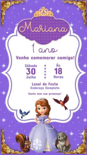 Convite Animado Aniversário Princesa Sofia para Editar Online