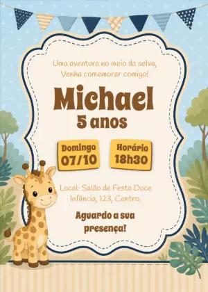 Convite de Aniversário Girafa Safari para Editar Online