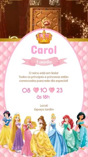 Convite Animado Aniversário Princesas Disney para Editar Online