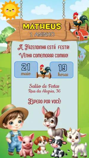 Convite de Aniversário Fazendinha com Animais para Editar