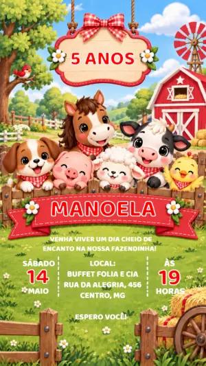 Convite de Aniversário Fazendinha Menina Editável