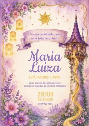Convite de Aniversário Rapunzel Aquarela para Editar