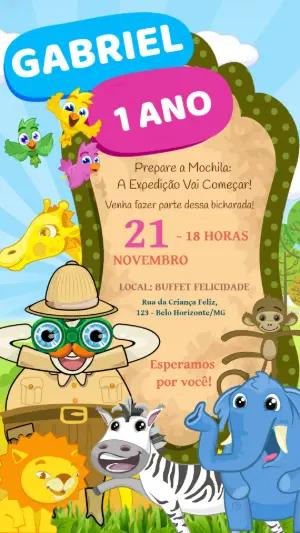 Convite de Aniversário Safari Infantil Colorido para Editar