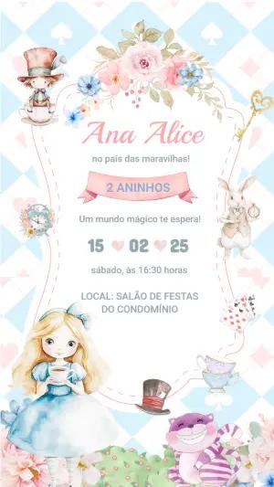 Convite Alice no País das Maravilhas Aquarela para Editar Online