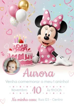Convite Aniversário Minnie Rosa com Foto para Editar Online