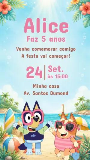 Convite de Aniversário Bluey na Praia para Editar