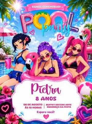 Convite de Aniversário Guerreiras do Kpop Pool Party Editável
