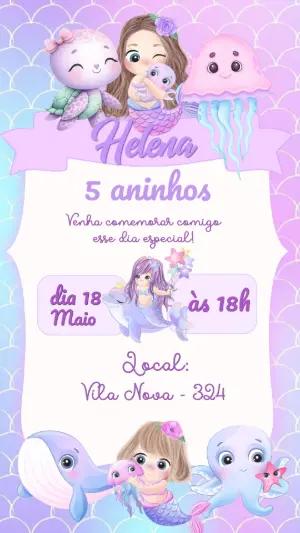 Convite Digital Aniversário Sereia Fofa e Amigos do Mar Editável