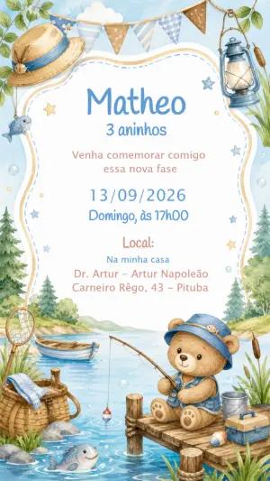 Convite de Aniversário Ursinho Pescador para Editar Online