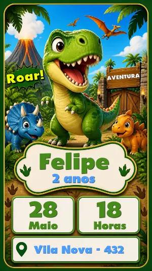 Convite de Aniversário Dinossauro Infantil para Editar