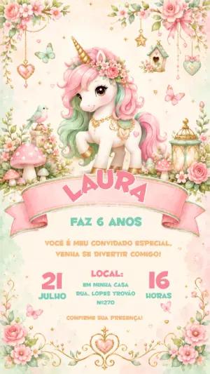Convite de Aniversário Unicórnio Aquarela Rosa Editável