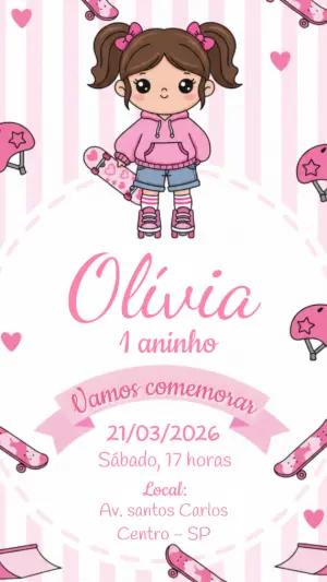 Convite de Aniversário Menina Skatista Rosa para Editar