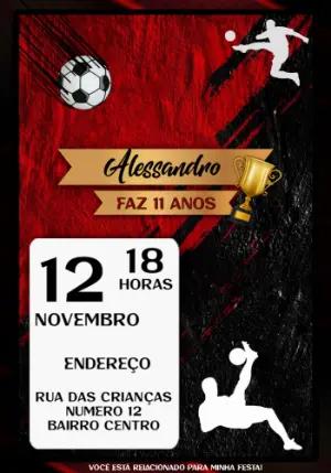Convite de Aniversário Futebol Vermelho e Preto para Editar