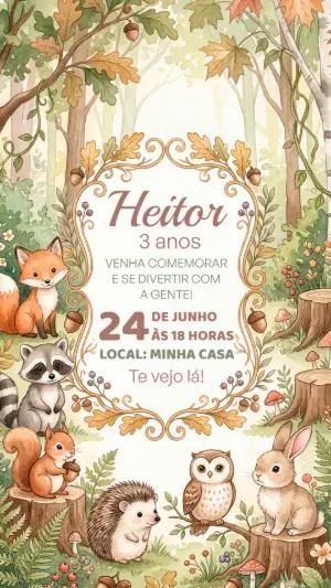 Convite Aniversário Bosque Aquarela com Animais para Editar